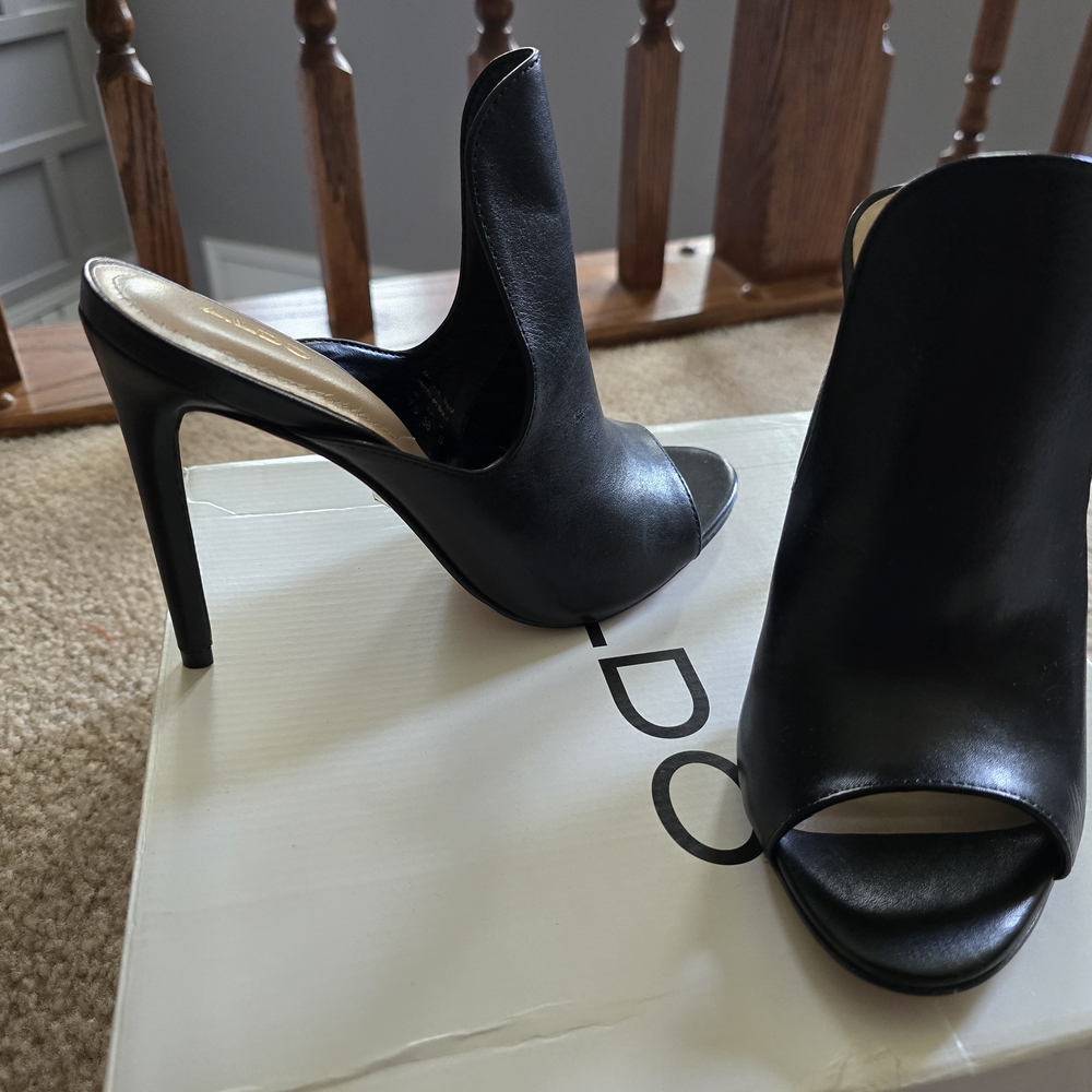 Aldo Black Stiletto Mules Sleek Peep-Toe Design - Picture 2 of 5